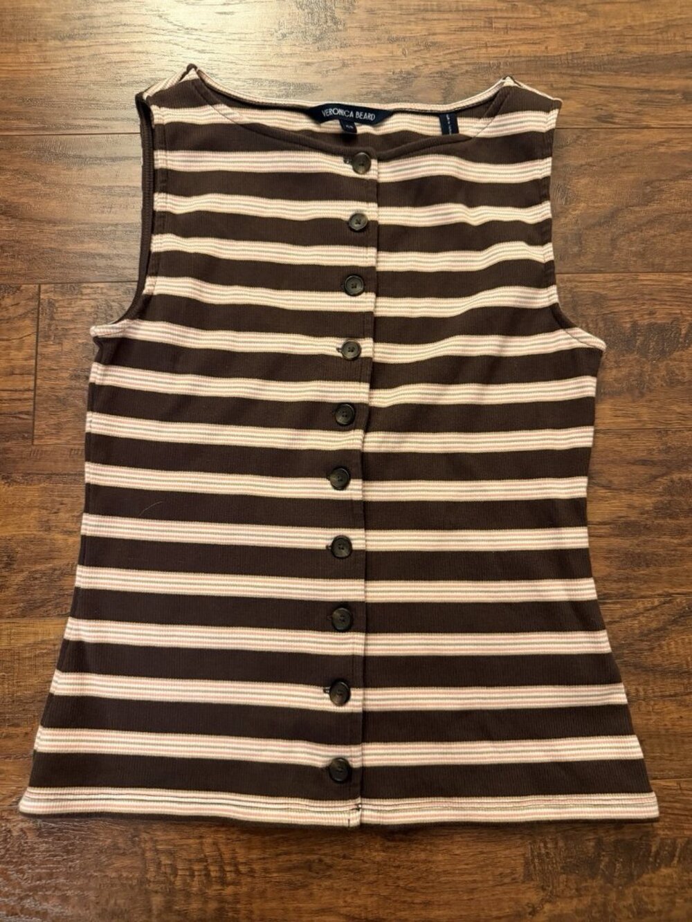 Veronica Beard Uma Stripe Rib-Knit Vest Medium Brown Pink Button Tank